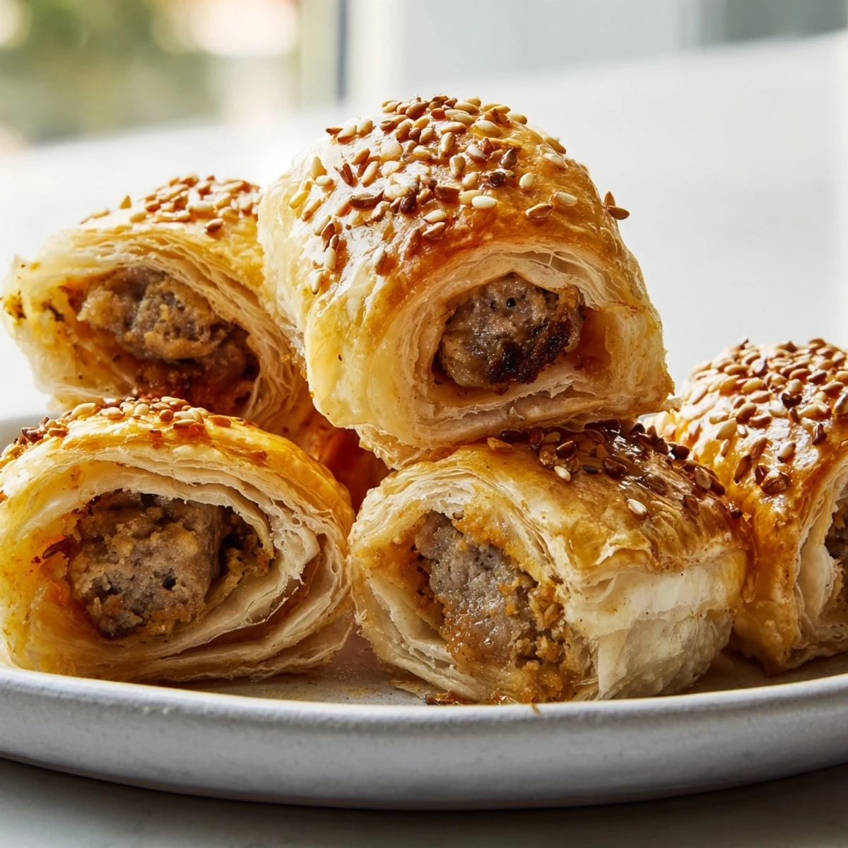 One Game Day Sausage Roll is split open, revealing the juicy, spiced halal sausage filling.