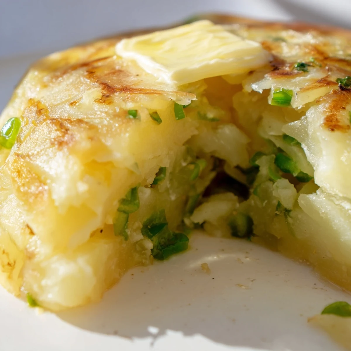 Golden-brown Irish Potato Cakes with Scallions fresh from the skillet, buttery and crisp on the edges.  