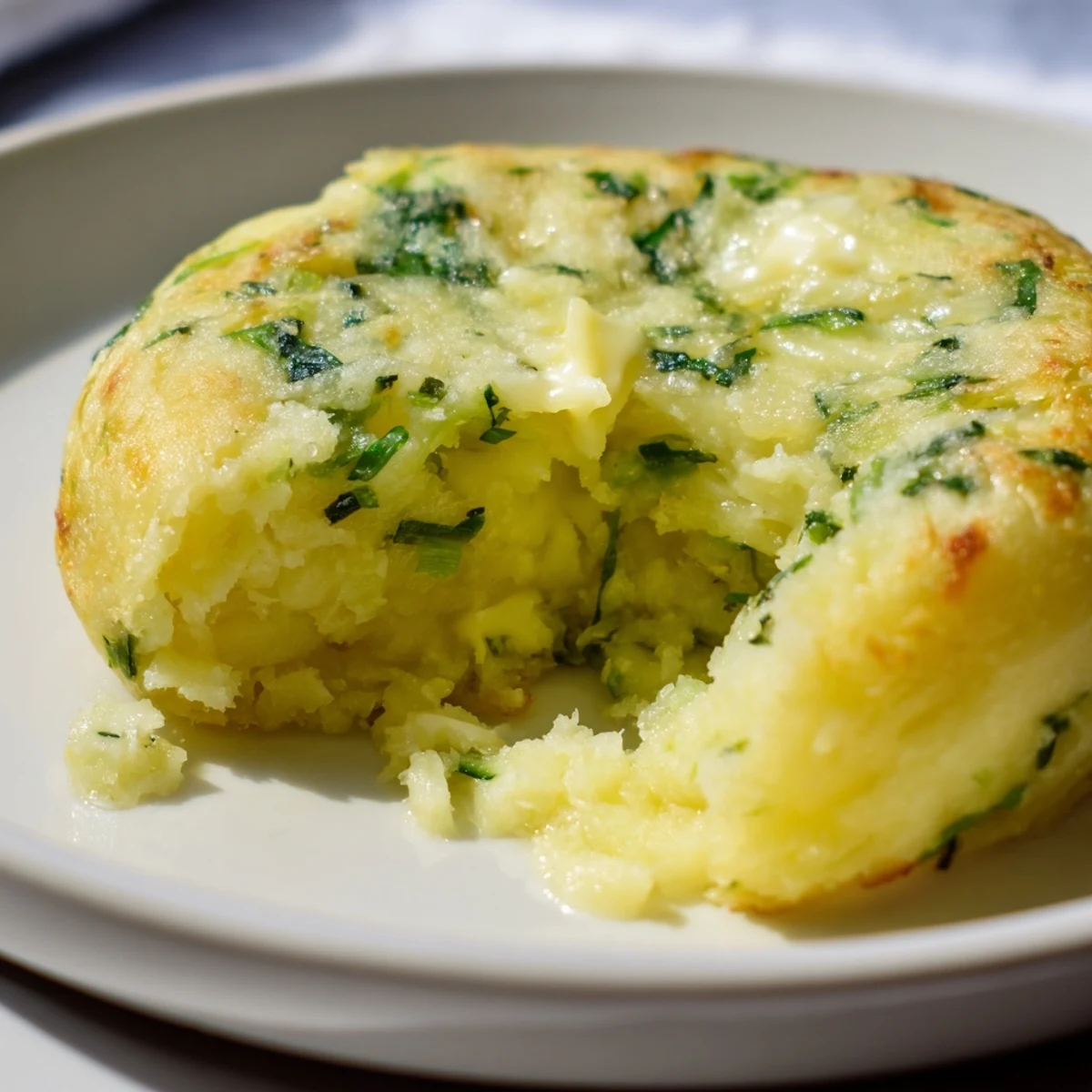 Side of Irish Potato Cakes with Scallions beside scrambled eggs for a hearty breakfast.