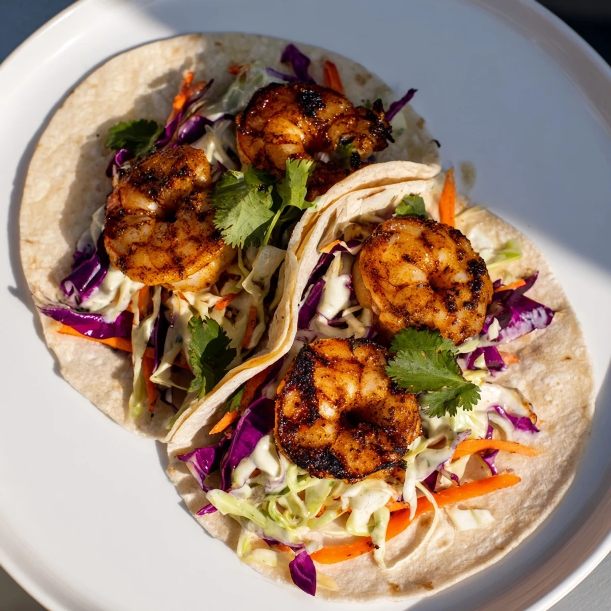 Warm tortillas hold spicy Cajun shrimp and a crisp, colorful slaw for a vibrant taco night.