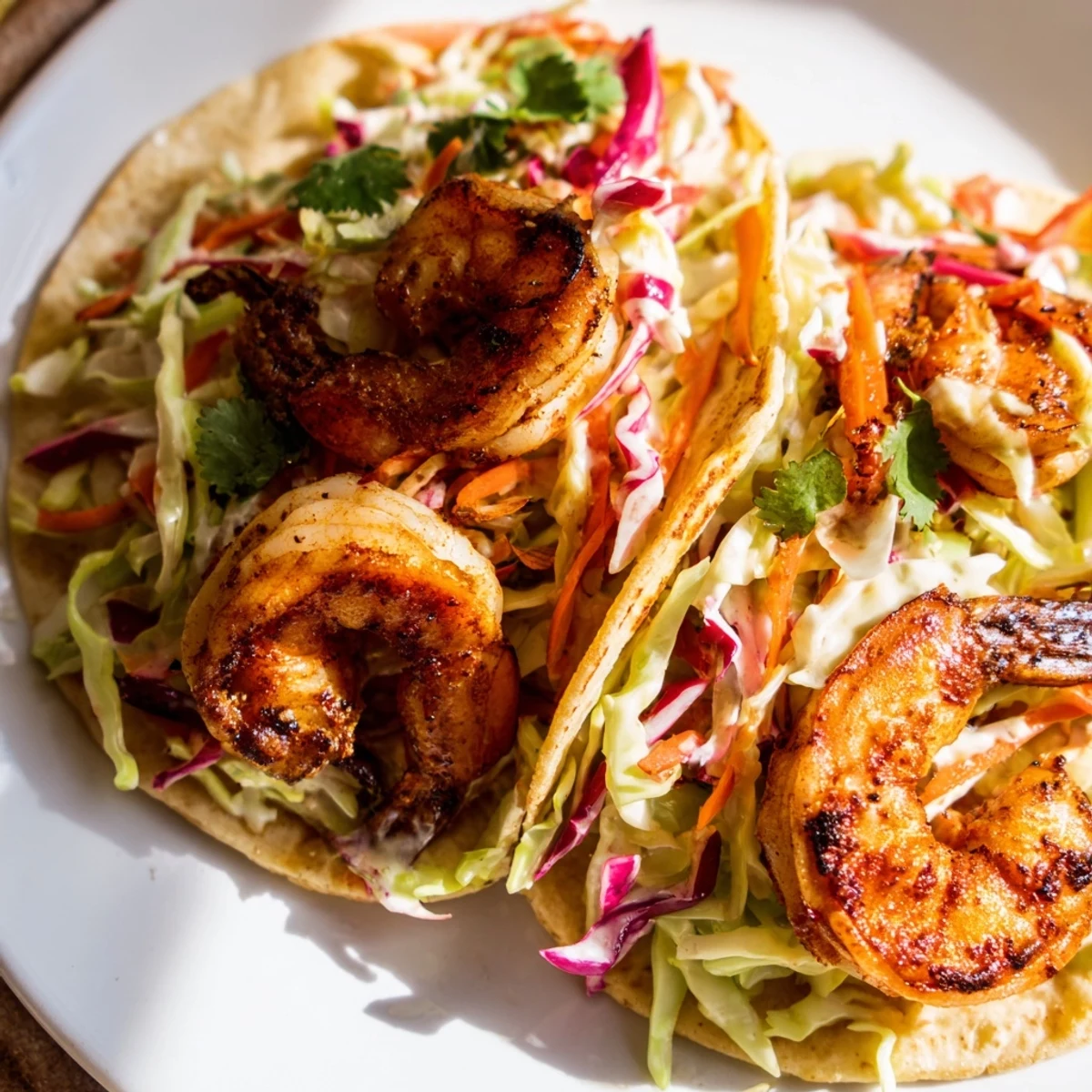 Cajun Shrimp Tacos with Slaw are garnished with fresh cilantro and a lime wedge, ready to serve.