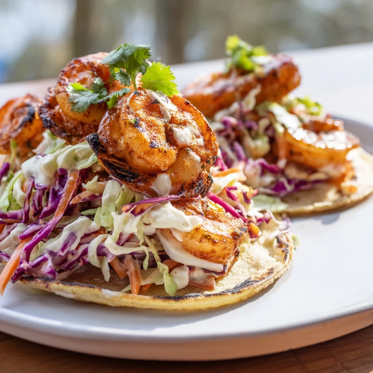 Perfectly charred Cajun Shrimp Tacos with Slaw are stacked on a plate with extra lime wedges.