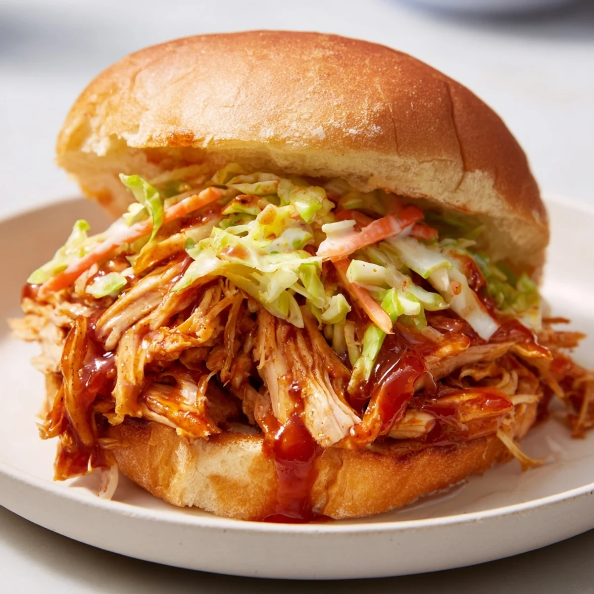 Savory MVP Pulled Chicken Sandwiches topped with crisp, tangy slaw on a toasted bun, perfect for game day.