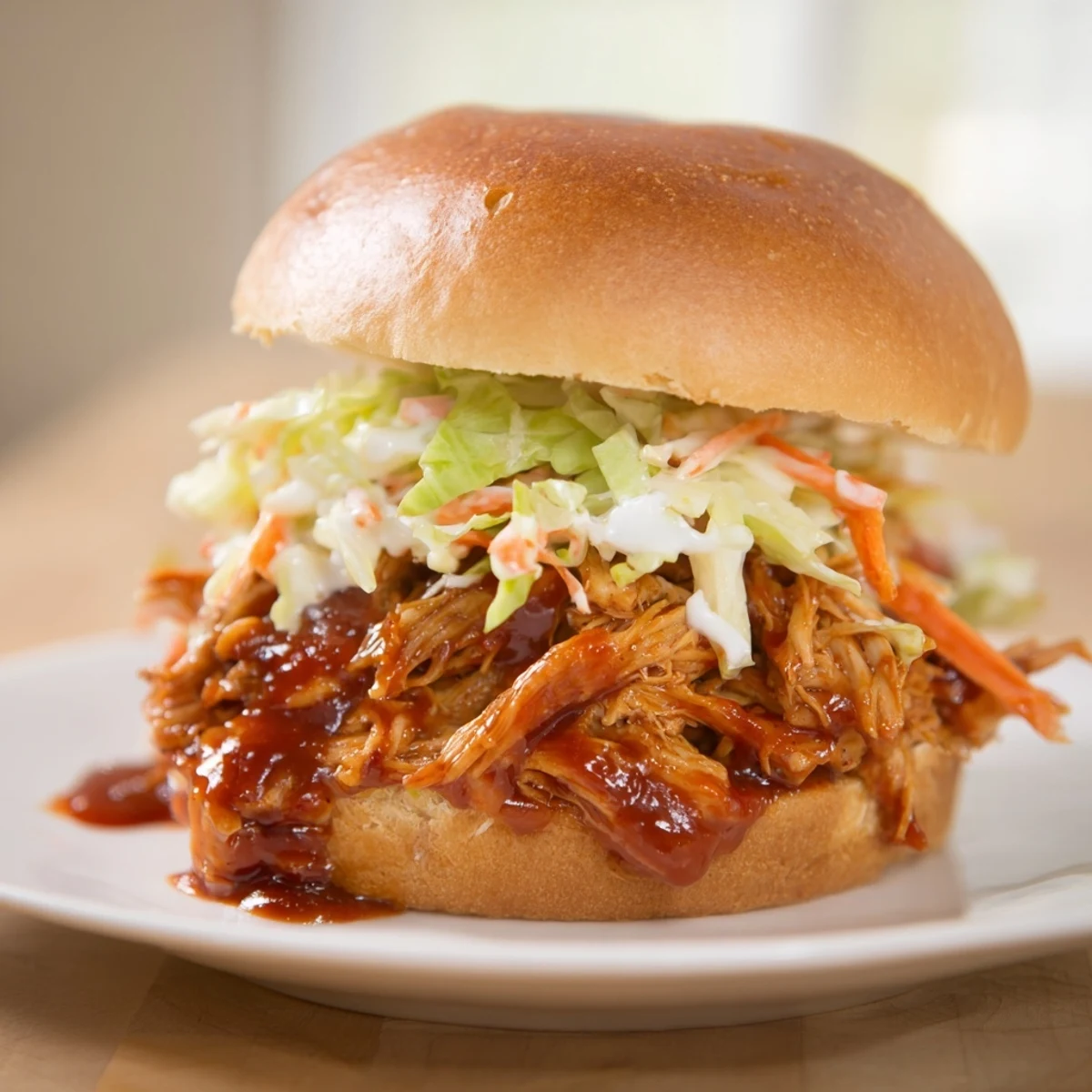 Golden, saucy MVP Pulled Chicken Sandwiches piled high on a soft brioche bun with creamy slaw and pickles.