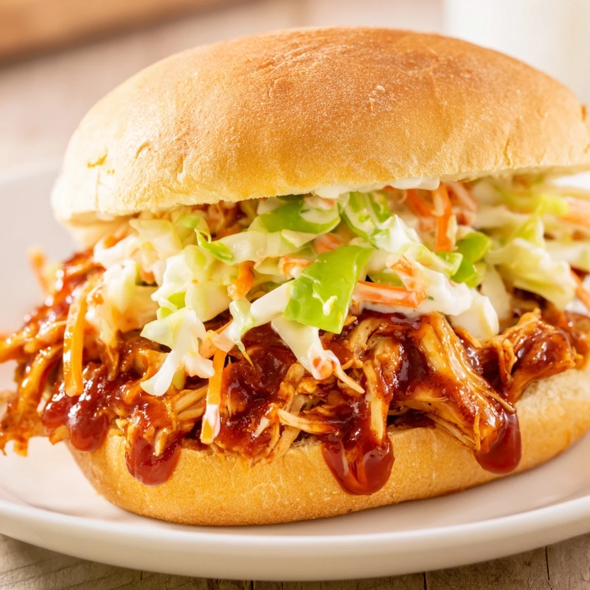 Freshly assembled MVP Pulled Chicken Sandwiches with tender shredded meat and crunchy slaw, ready to serve hot.