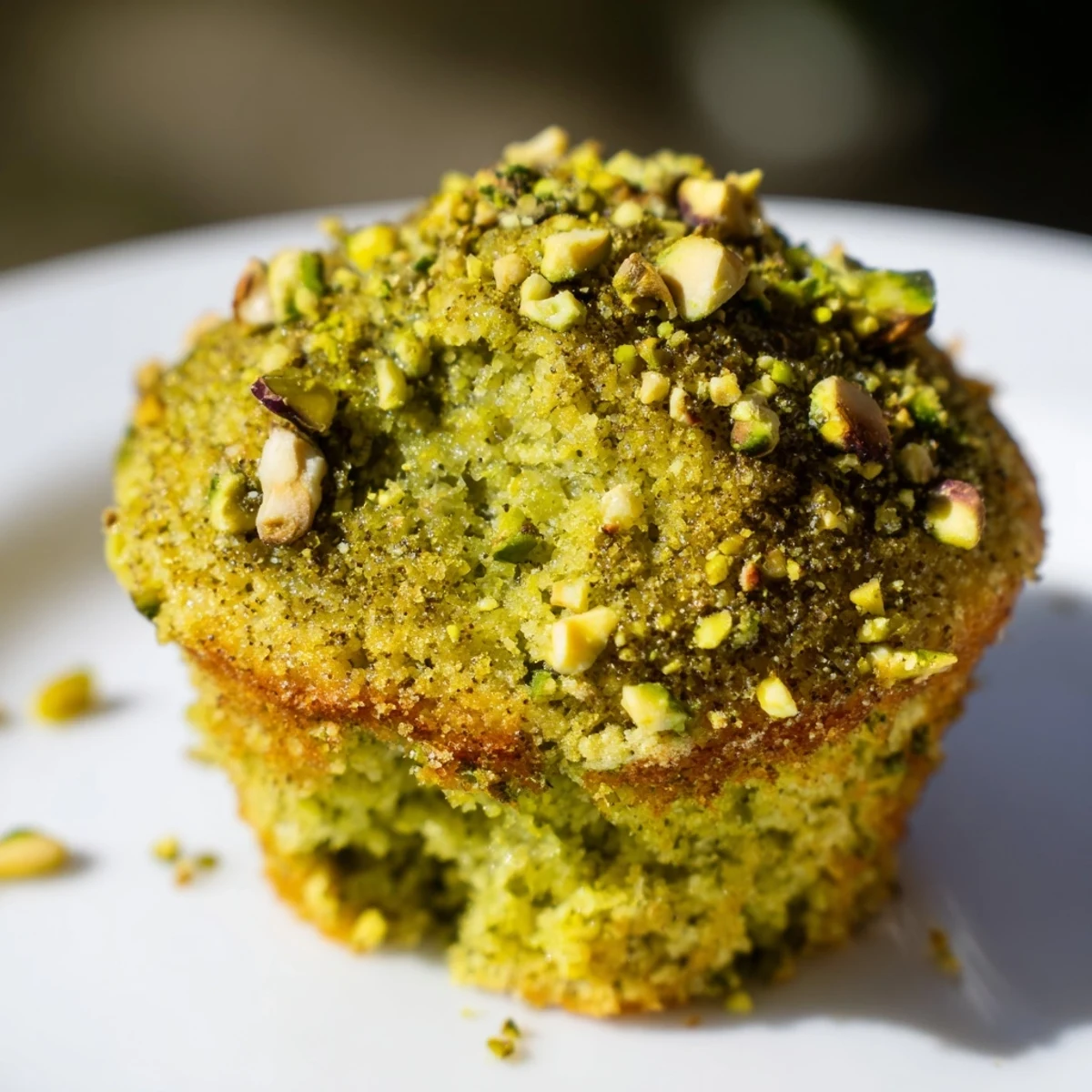 Freshly baked green pistachio muffins with a golden top, studded with chopped nuts and a hint of vanilla on a wooden board.
