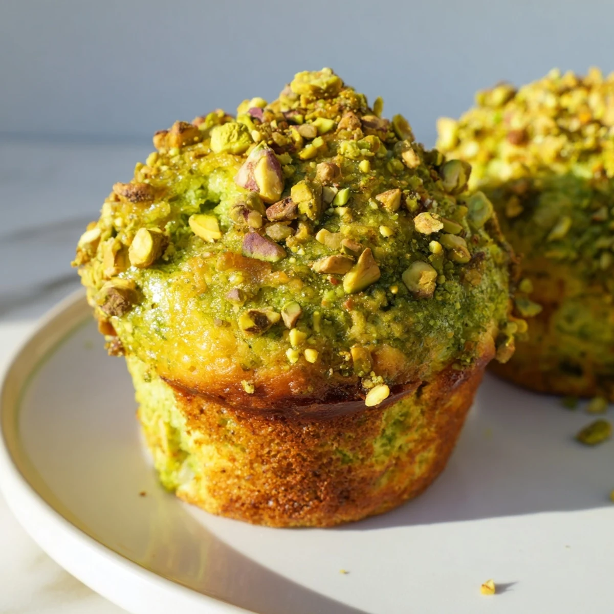 A close-up of moist, fluffy green pistachio muffins served on a cooling rack for a perfect breakfast or snack.