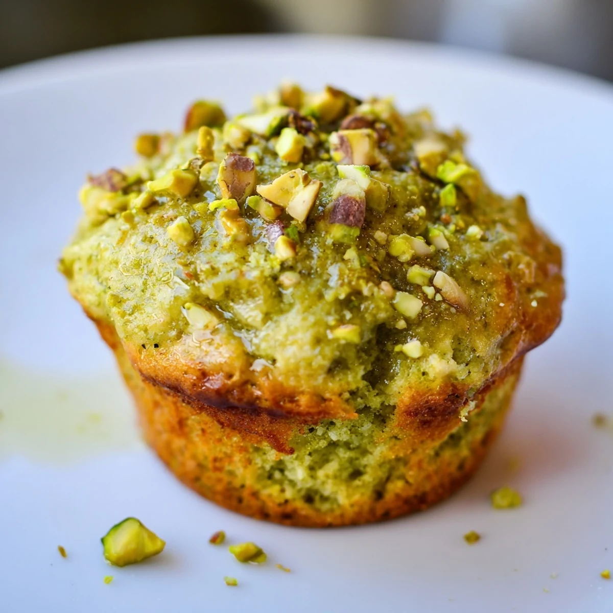 Golden-brown pistachio muffins with a vibrant green crumb, topped with extra chopped nuts on a rustic kitchen counter.
