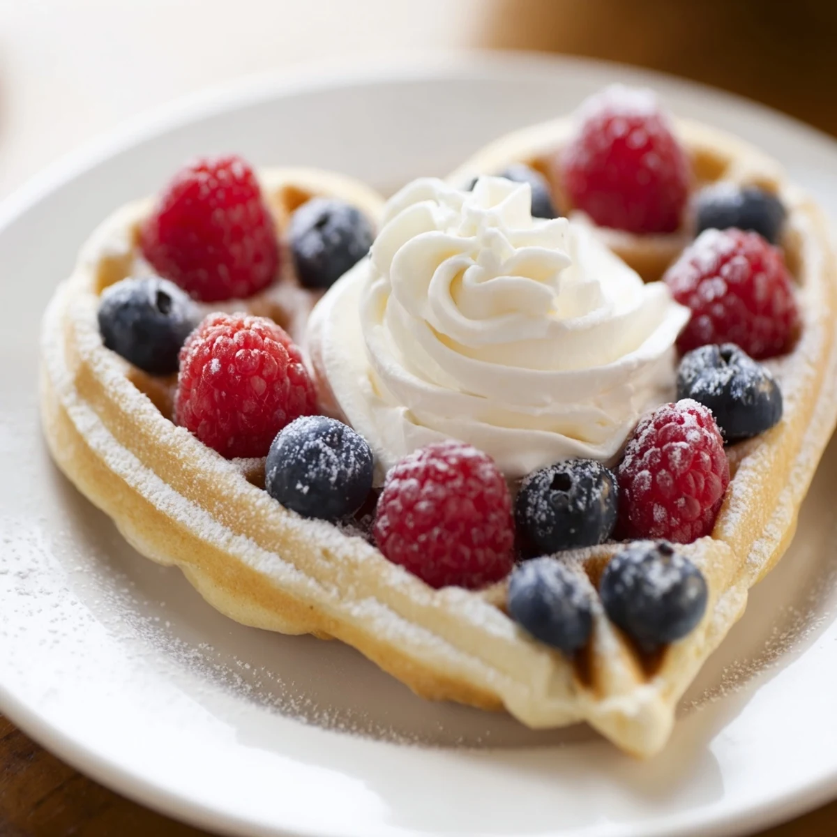 A close-up of fluffy Sweetheart Heart Shaped Waffles dusted with powdered sugar for a romantic breakfast in bed.  
