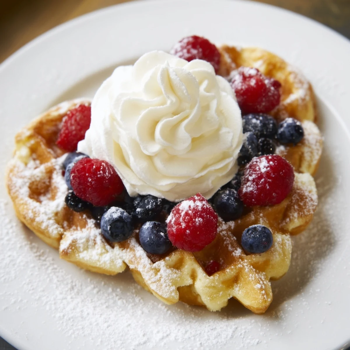 Golden-brown Sweetheart Heart Shaped Waffles fresh from the iron, ready to be topped with fresh berries and maple syrup.  