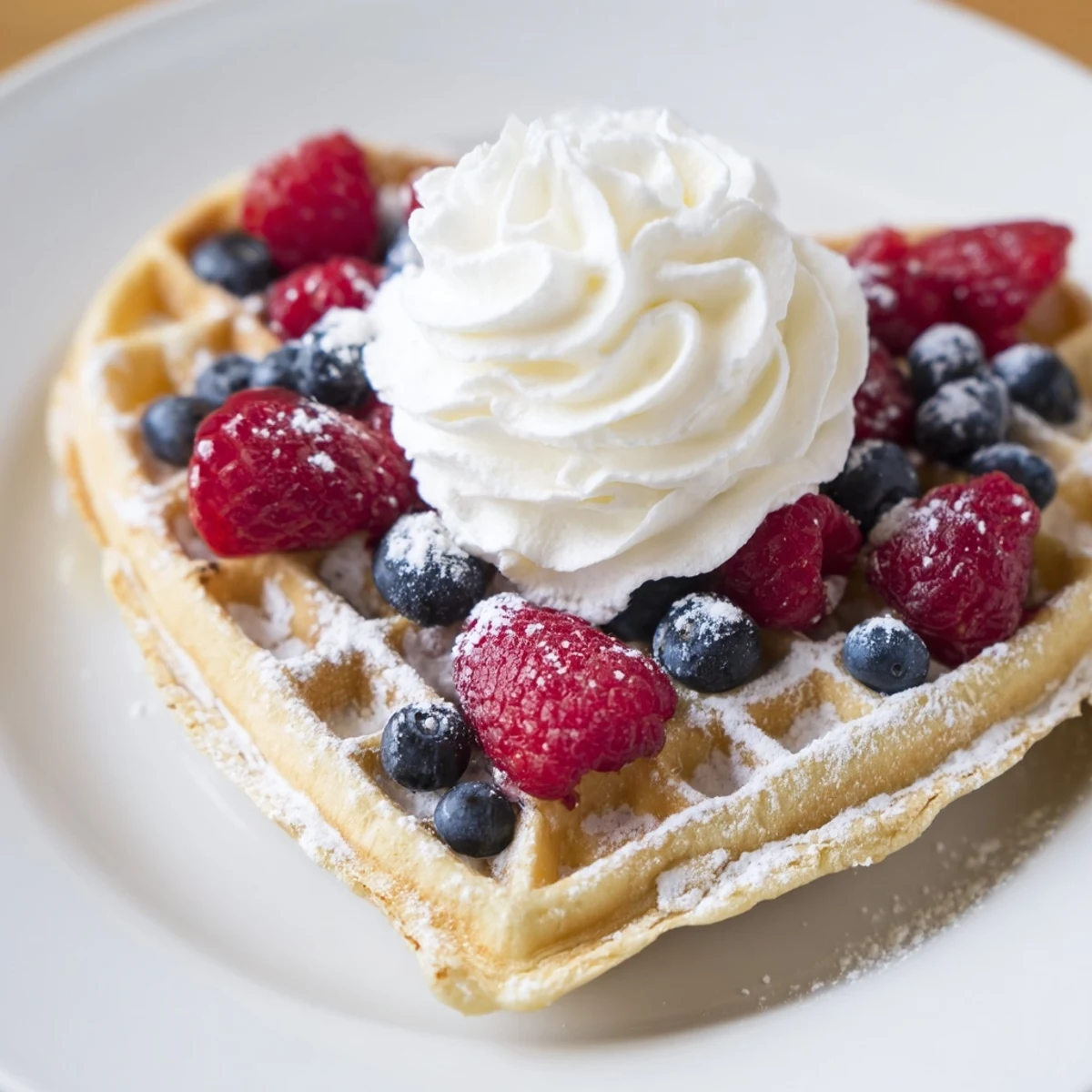 Stack of warm Sweetheart Heart Shaped Waffles, drizzled with syrup and served with whipped cream on a cozy morning.