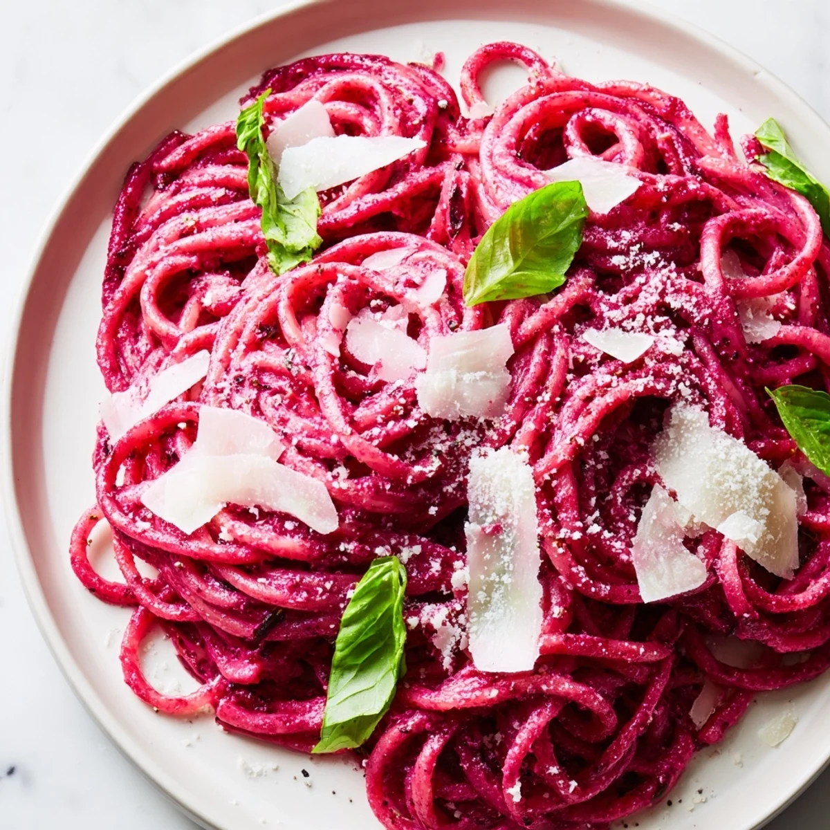 A close-up of Valentine Pink Pasta with Beet Sauce, showcasing glossy pink fettuccine tossed in a creamy beetroot sauce.