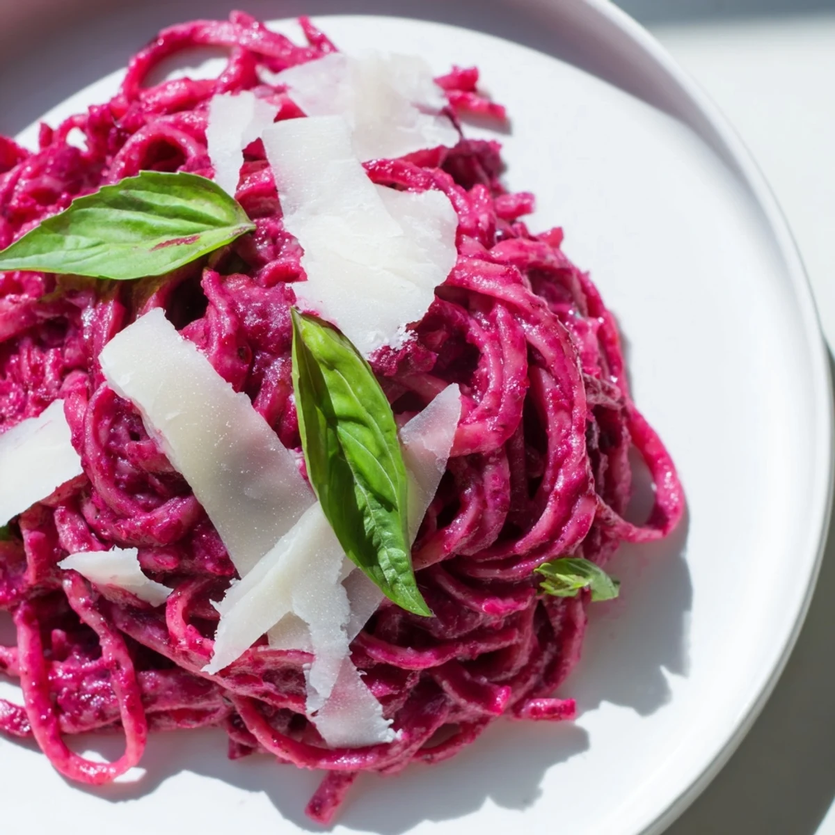 Served Valentine Pink Pasta with Beet Sauce garnished with fresh basil and a sprinkle of Parmesan, perfect for a romantic dinner.