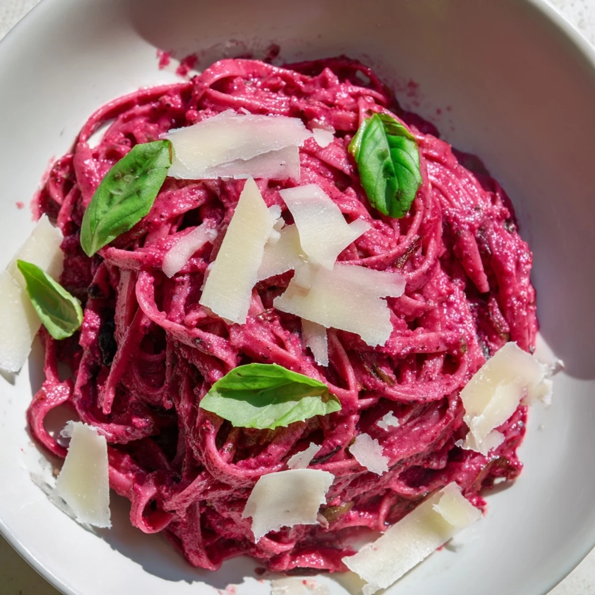 Steaming Valentine Pink Pasta with Beet Sauce in a shallow bowl, highlighting the vibrant magenta sauce and silky pasta strands.