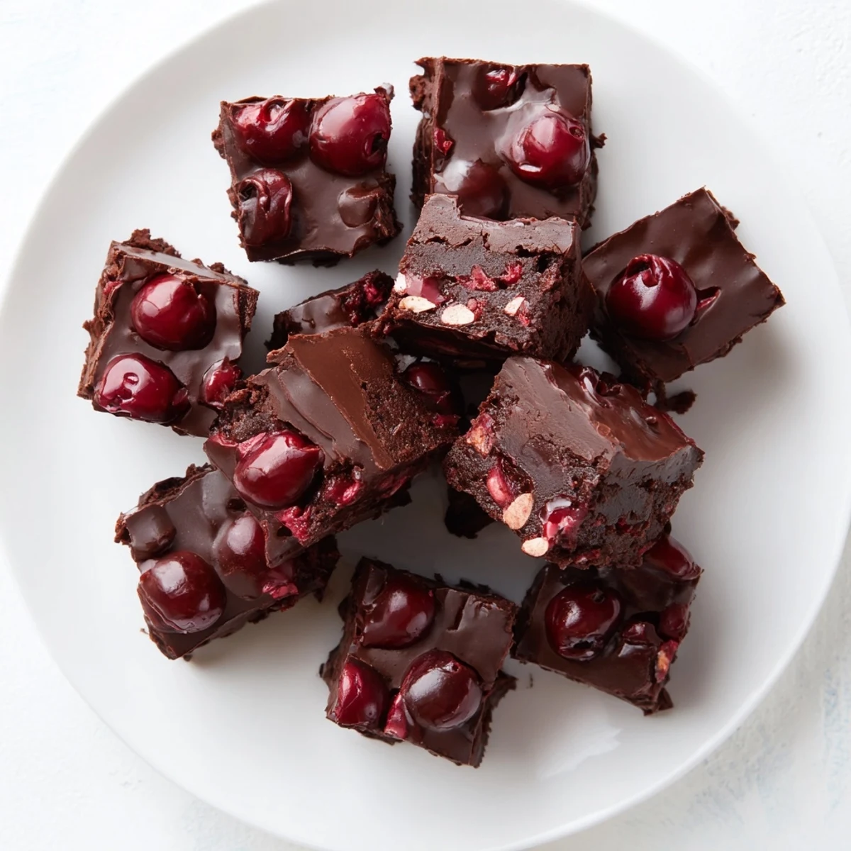 Three glossy chocolate cherry brownie bites are arranged on a white ceramic plate with a few fresh cherries scattered nearby.  