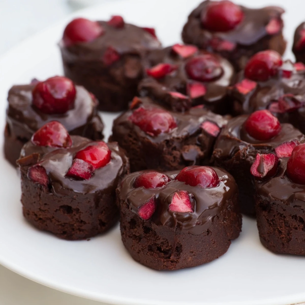 Close-up of a chocolate cherry brownie bite, highlighting its fudgy interior and drizzled chocolate topping.  