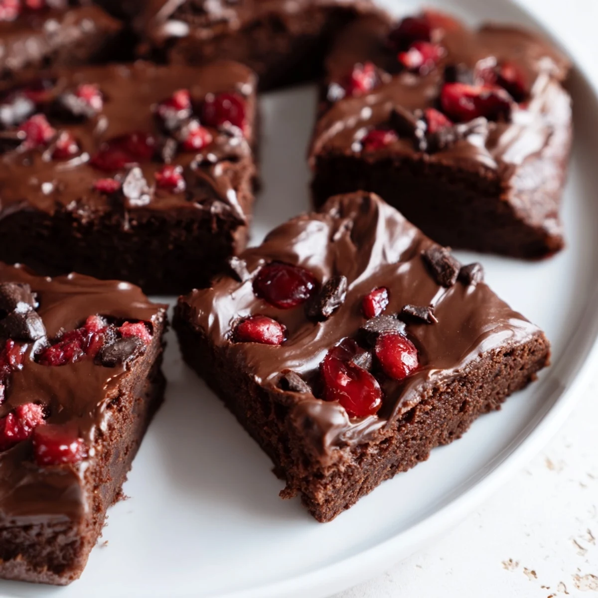 A plate of chocolate cherry brownie bites ready to serve, perfect for parties or an indulgent snack.