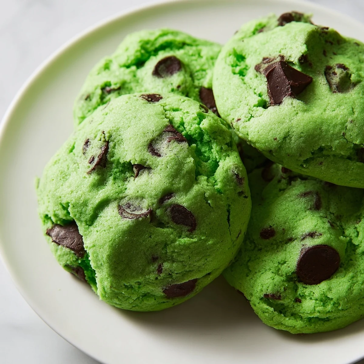 Crisp edges and soft centers of vibrant Green Mint Chip Cookies paired with cold milk.