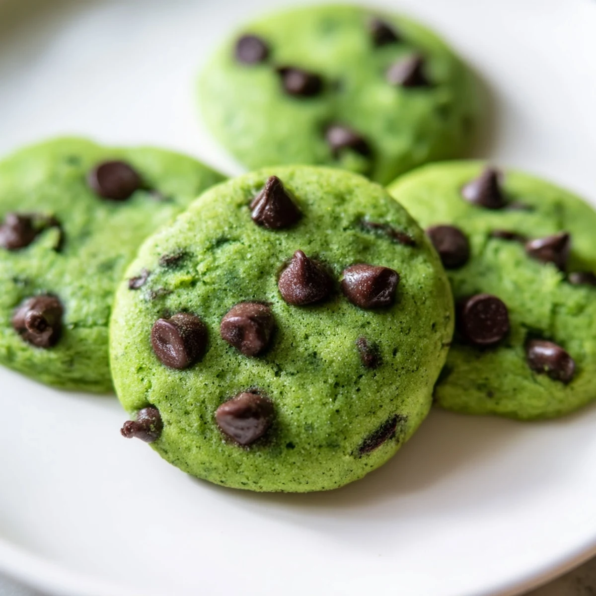 Freshly baked Green Mint Chip Cookies with gooey chocolate chips on a cooling rack.