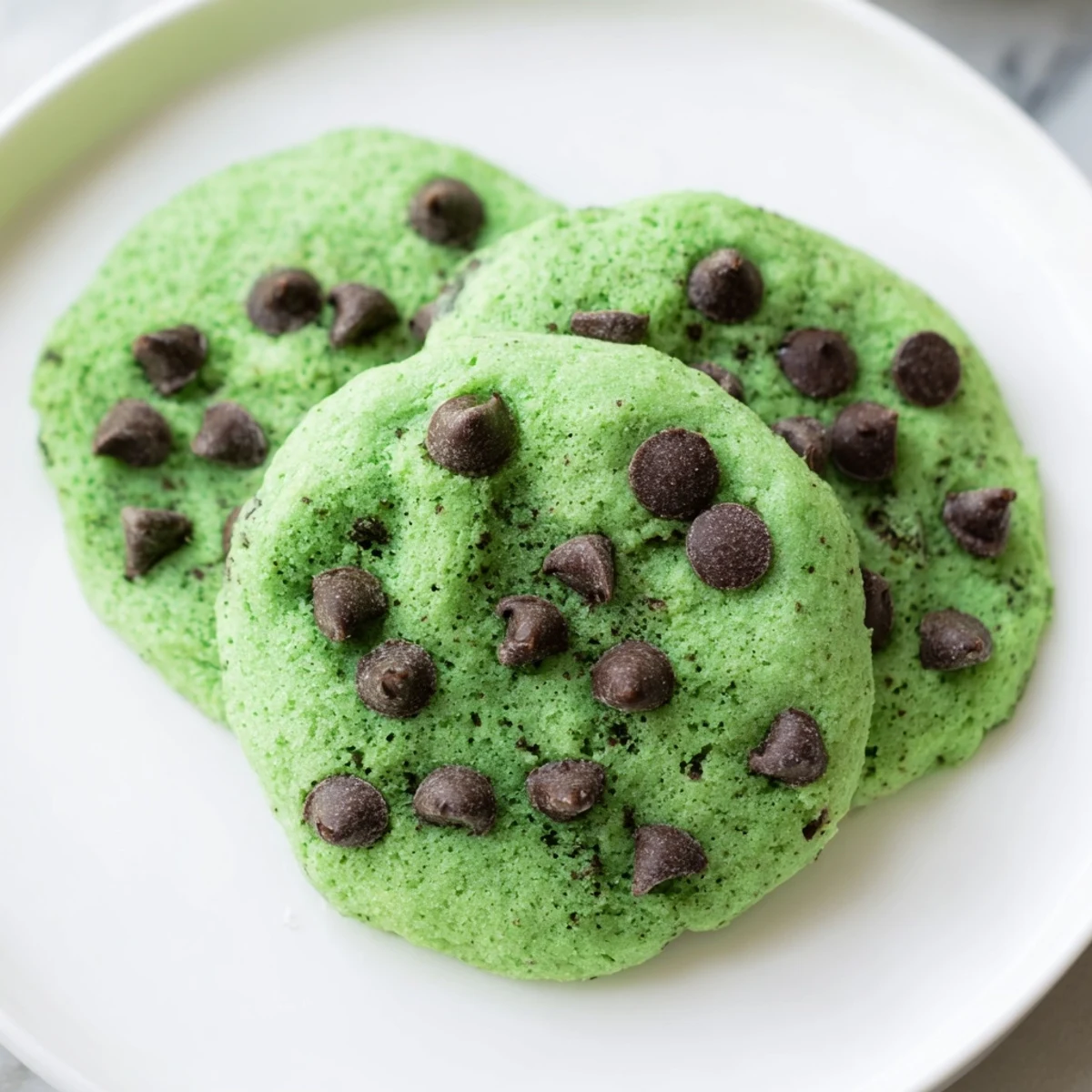 Platter of festive Green Mint Chip Cookies studded with mint and semi-sweet chocolate chips.