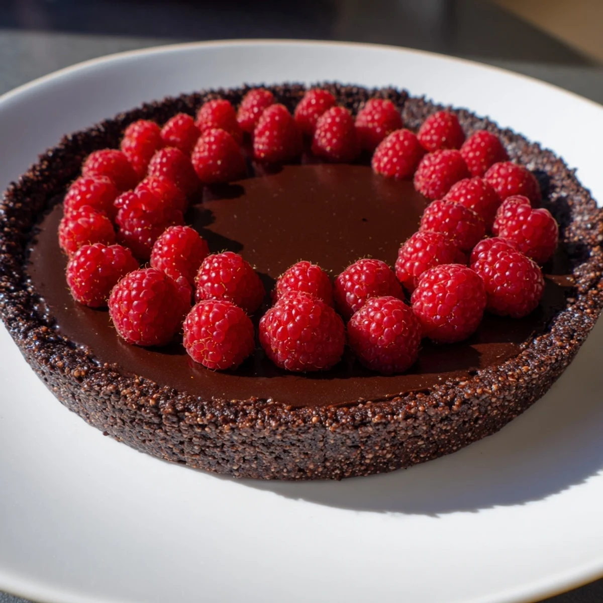 Sliced wedge of a decadent Chocolate Raspberry Tart with Ganache revealing its flaky crust and smooth, luscious dark chocolate filling.
