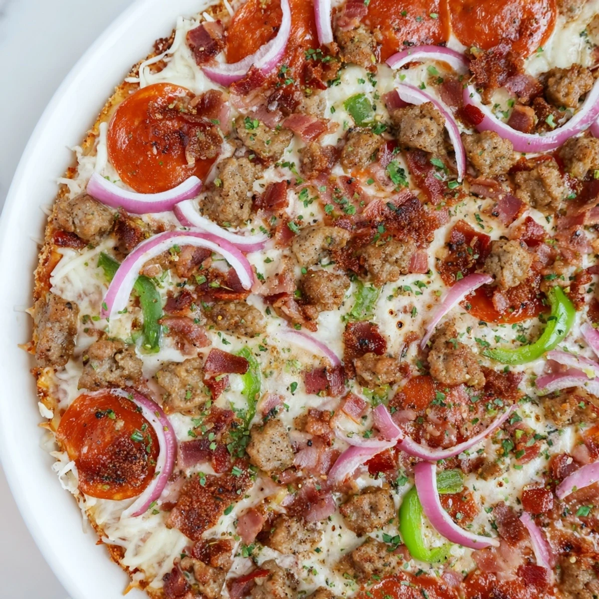 Golden, bubbling MVP Meat Lover Pizza with beef toppings, fresh parsley, and red onions on a rustic board, ready to slice and serve.