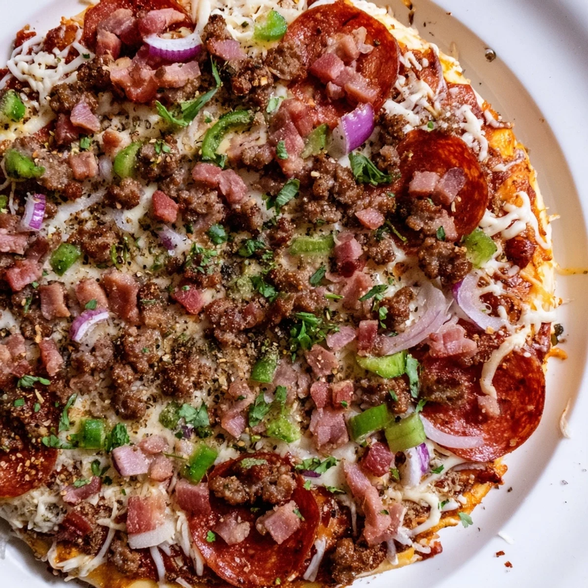 Hearty MVP Meat Lover Pizza with beef toppings, pepperoni, and bacon, steaming on a wooden cutting board with a slice lifted.