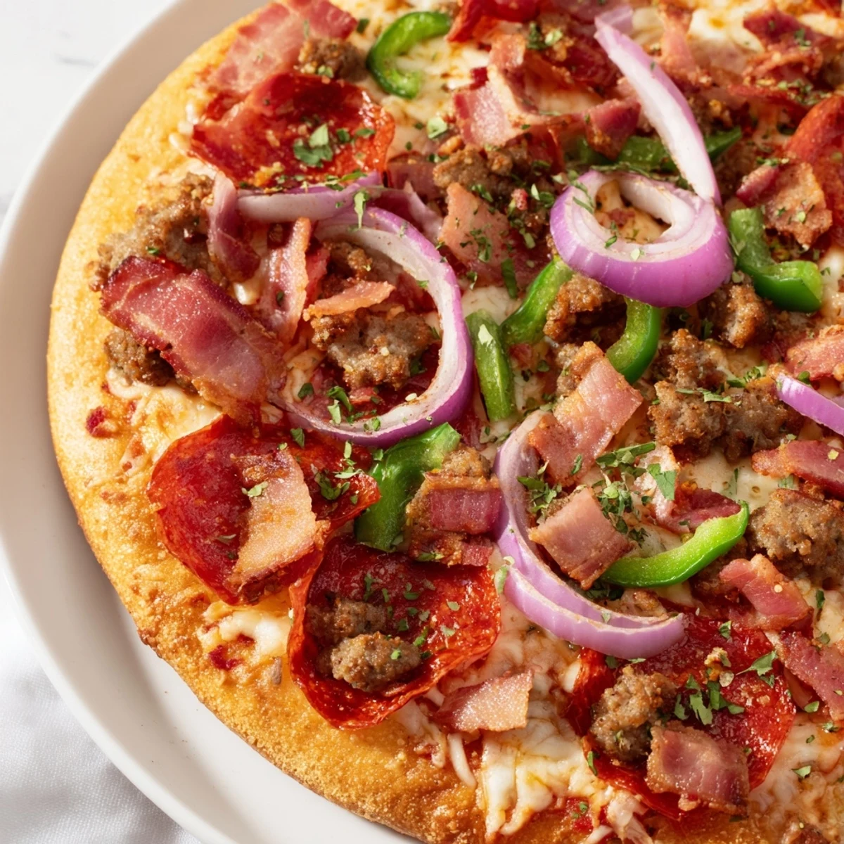 Detailed close-up of MVP Meat Lover Pizza with beef toppings, melted mozzarella, and golden crust, served with cold beer and fresh basil.