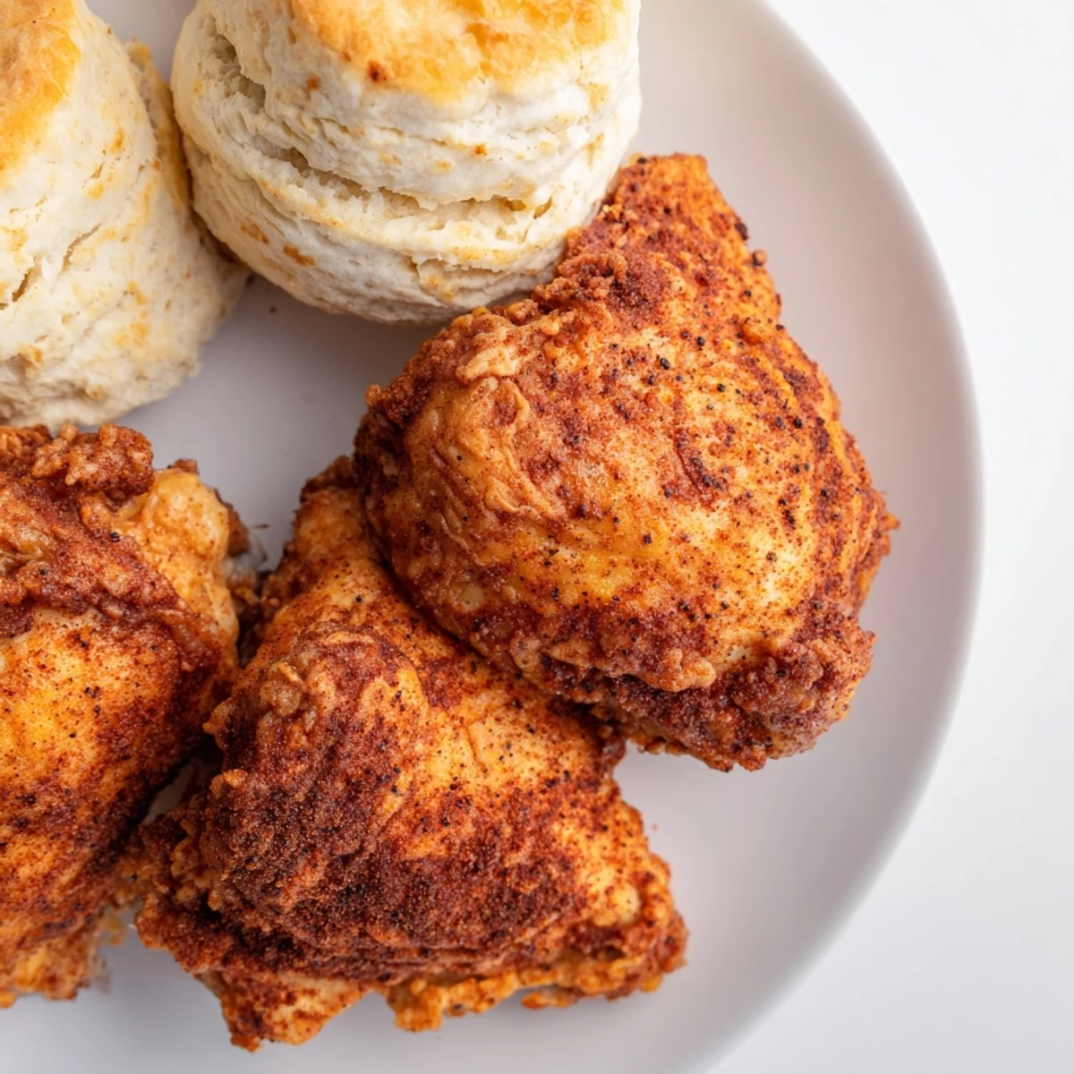 Freshly baked flaky biscuits served alongside spicy Cajun Fried Chicken, perfect for a Southern family dinner.