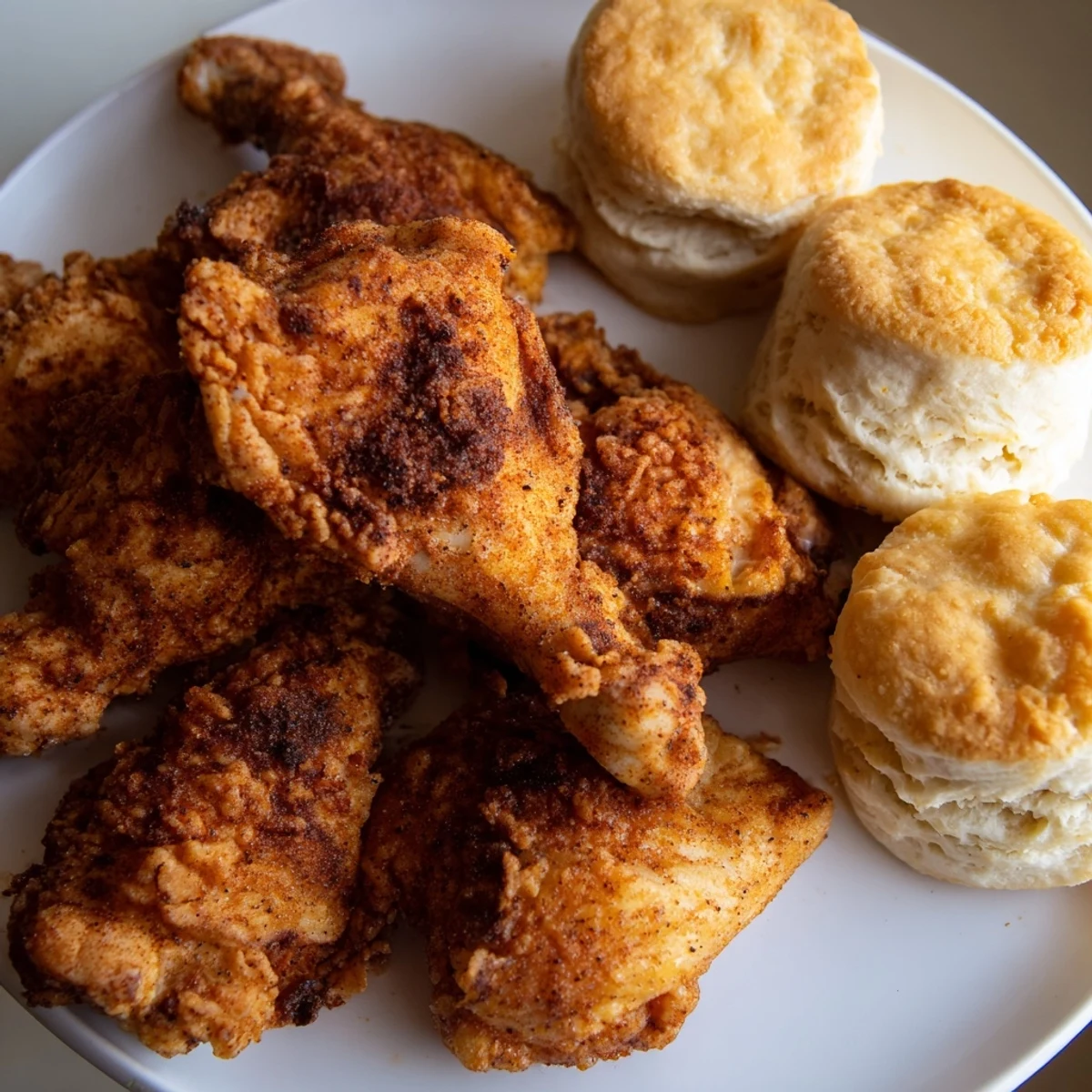 Golden, crispy Cajun Fried Chicken with biscuits on a rustic plate, garnished with fresh parsley and a drizzle of honey.