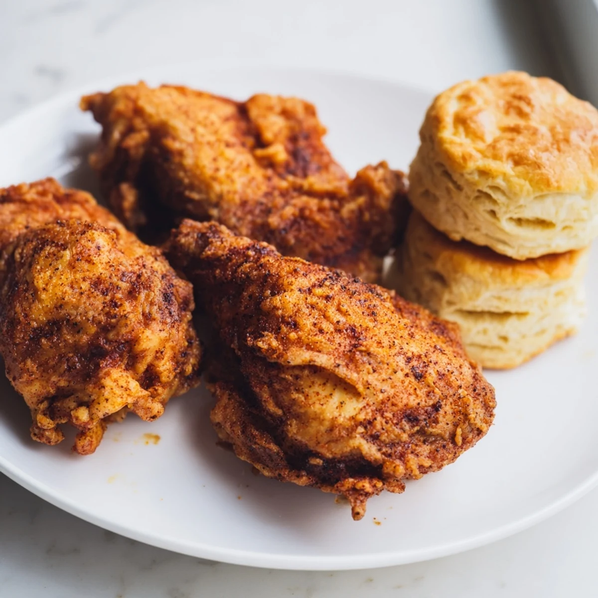 Close-up of juicy Cajun Fried Chicken and buttery biscuits on a platter, highlighting the crunchy golden crust.