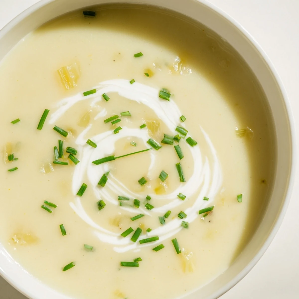 Creamy Irish Leek and Potato Soup with Cream in a rustic bowl, garnished with fresh chives.