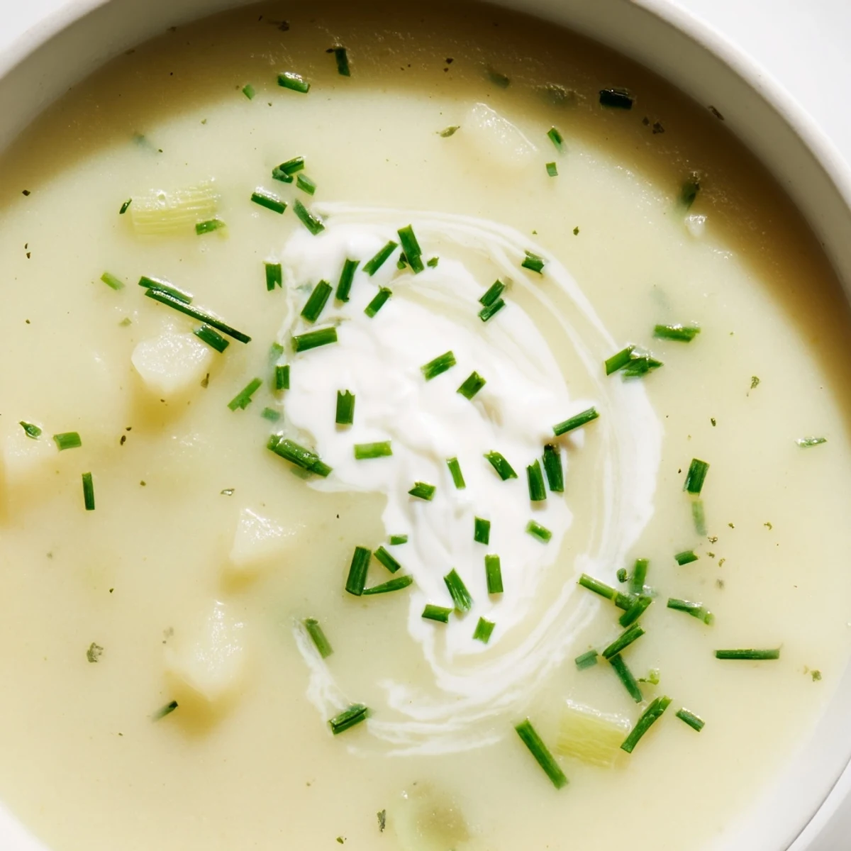 Warm Irish Leek and Potato Soup with Cream ladled from a pot, steam rising from the velvety surface.