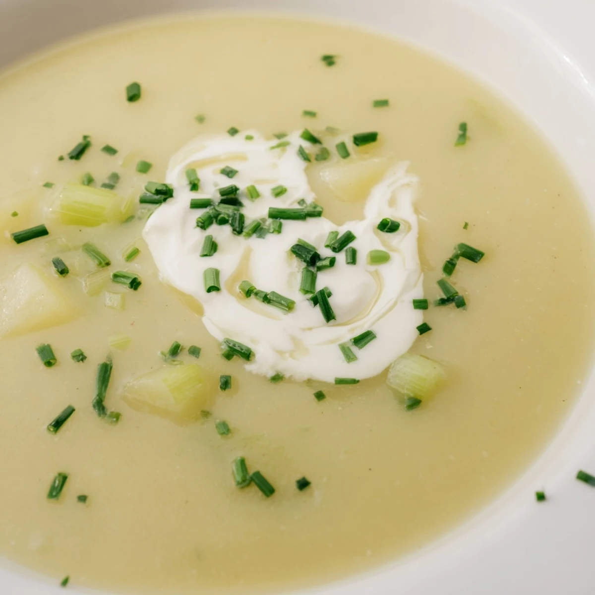 Hearty Irish Leek and Potato Soup with Cream served with crusty bread, ready for a cozy meal.