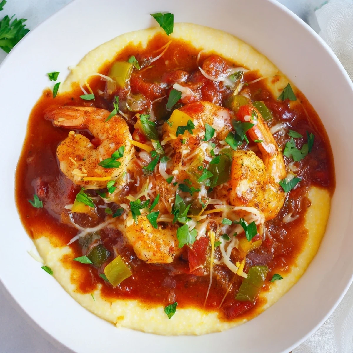 Savory Creole shrimp and grits served hot with parsley garnish for a Southern meal.