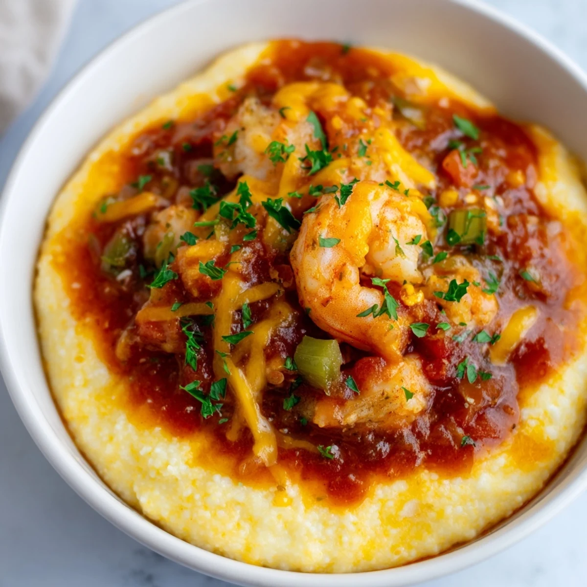 Creamy, cheesy grits topped with spicy Creole shrimp and tomato sauce in a bowl.