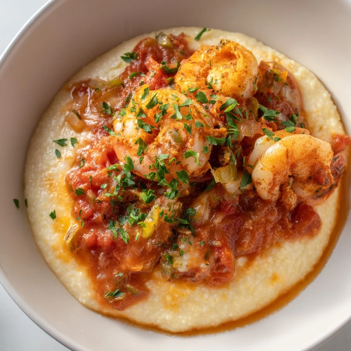 Cast-iron skillet of Creole shrimp over warm cheddar grits, finished with fresh lemon juice.