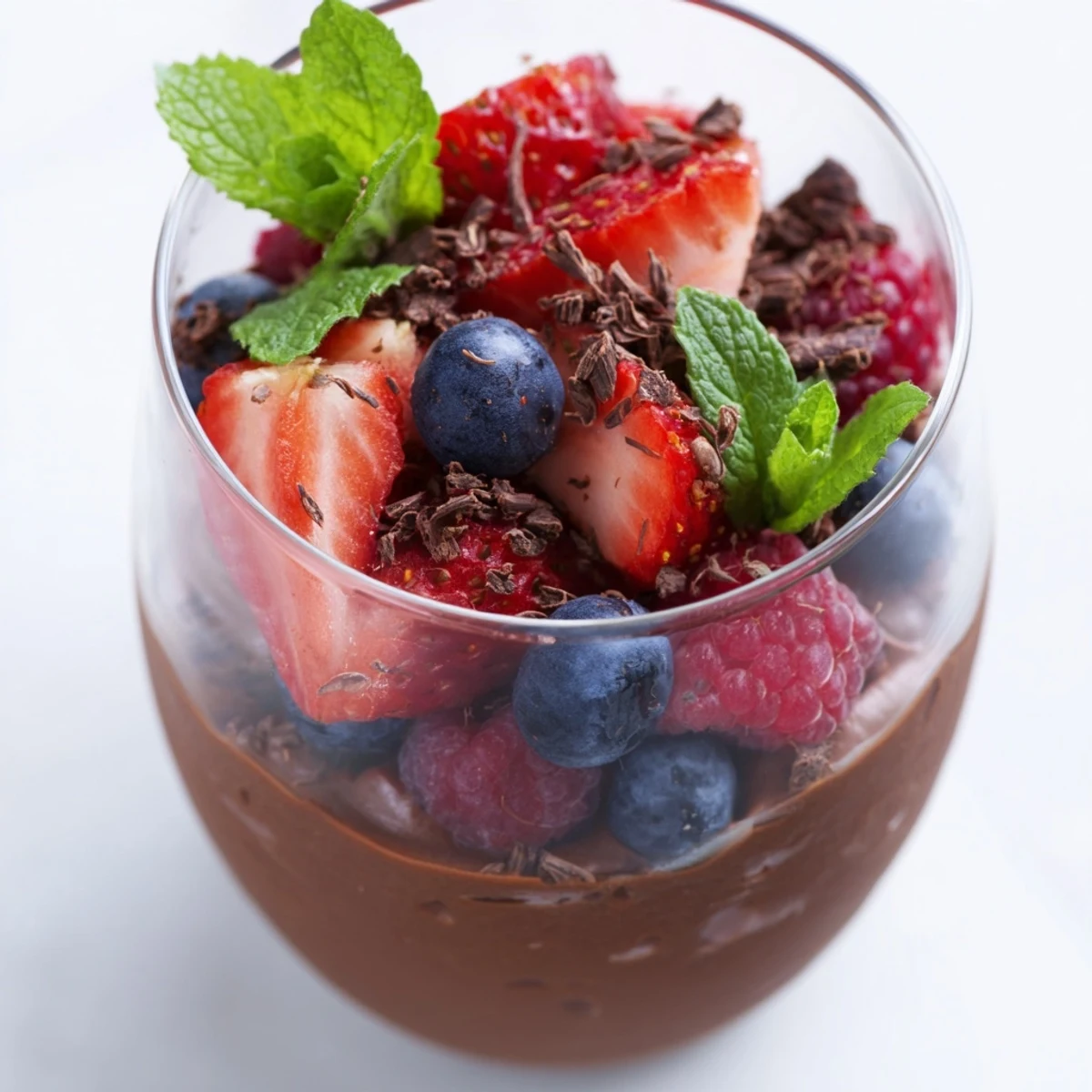 Close-up of Valentine Chocolate Mousse with Berries in a glass, featuring velvety texture and fresh mixed berries garnish.
