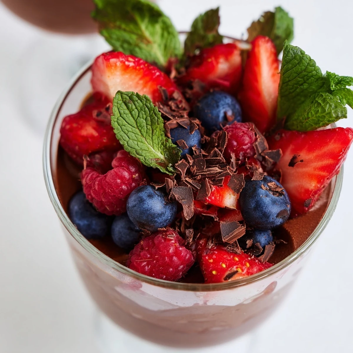 Valentine Chocolate Mousse with Berries elegantly served in stemmed glasses, topped with a medley of strawberries, raspberries, and blueberries.