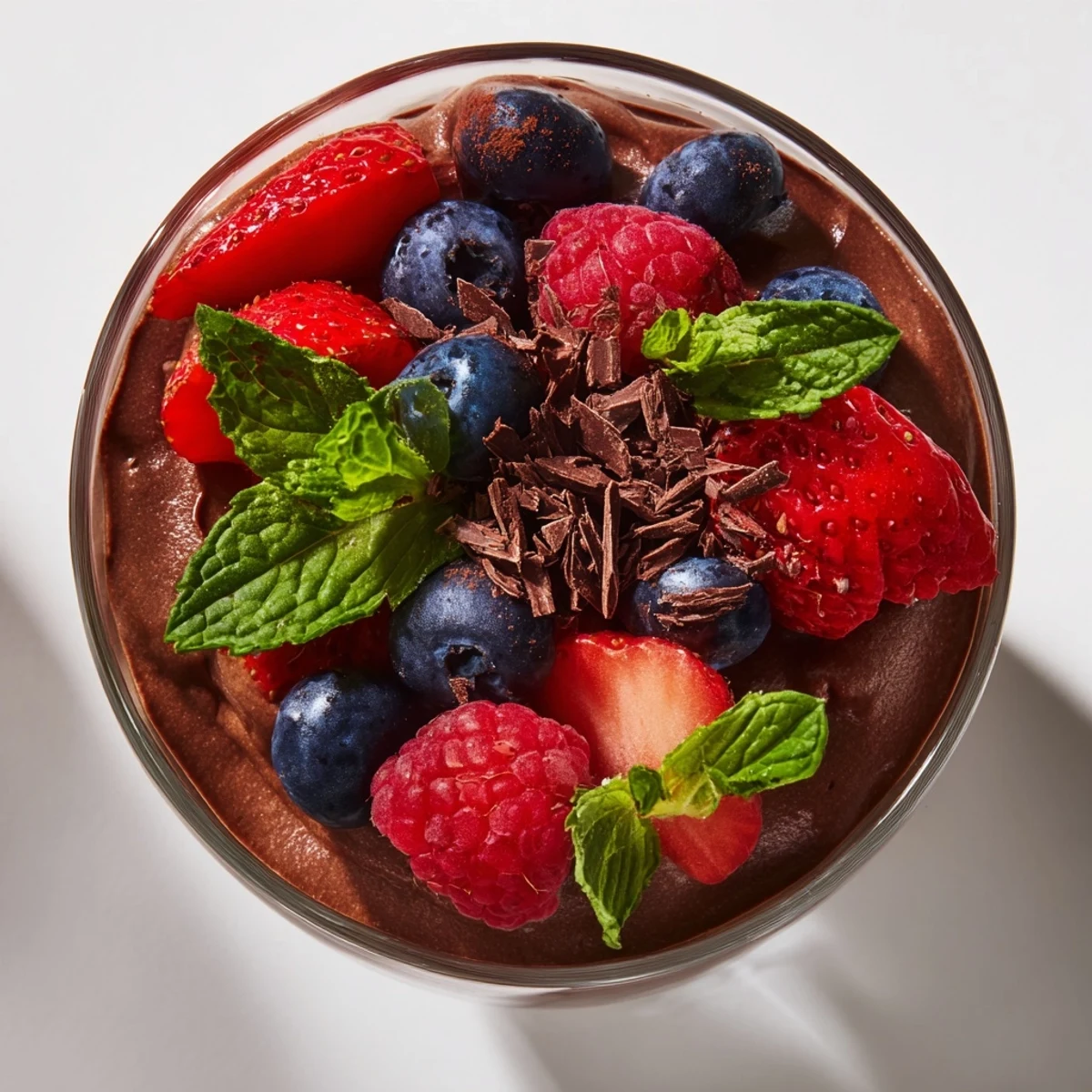 Four servings of Valentine Chocolate Mousse with Berries on a white plate, garnished with mint and chocolate shavings for a romantic dessert.