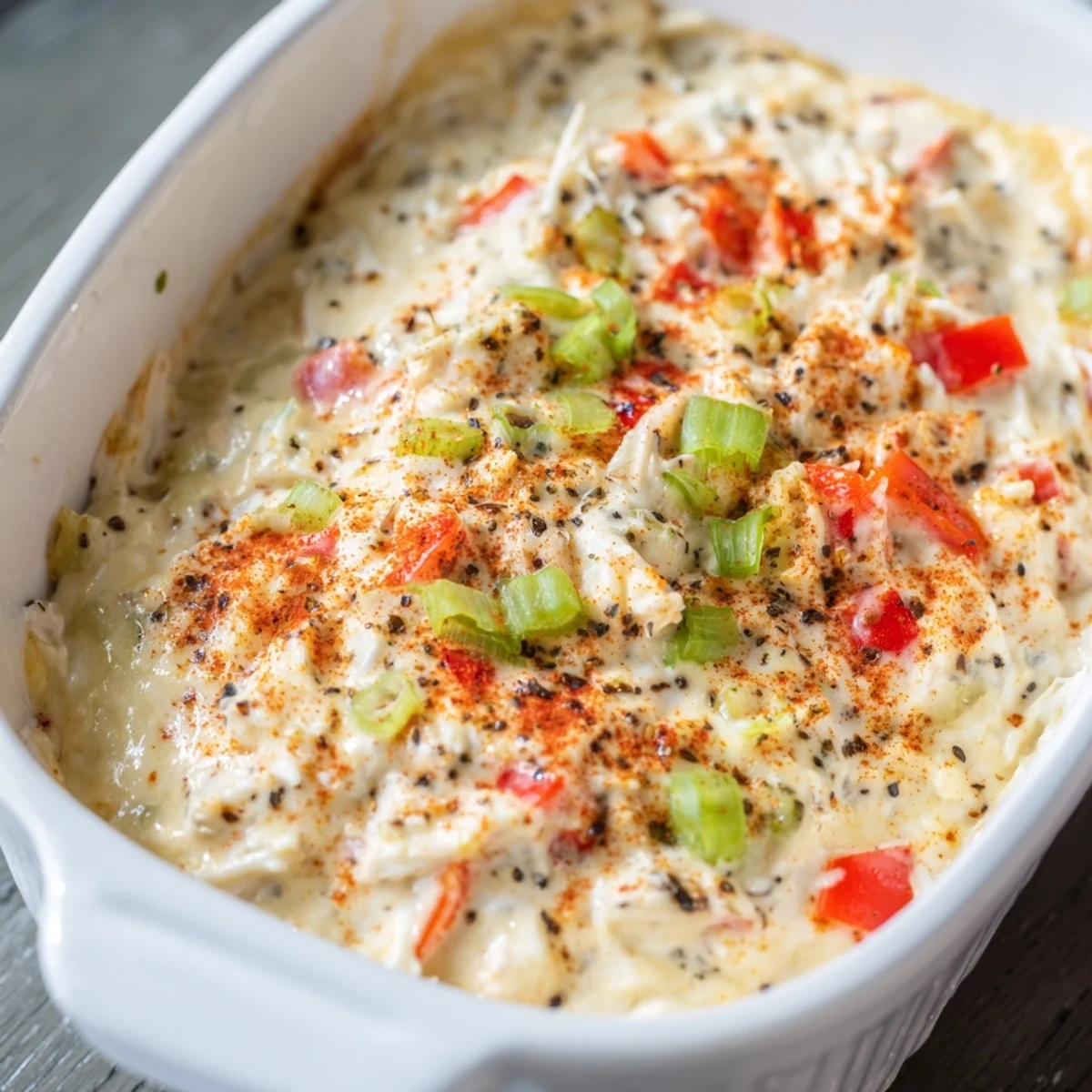 Mardi Gras Crab Dip with Crackers baked golden and bubbling, served warm from the oven with assorted crackers on the side.
