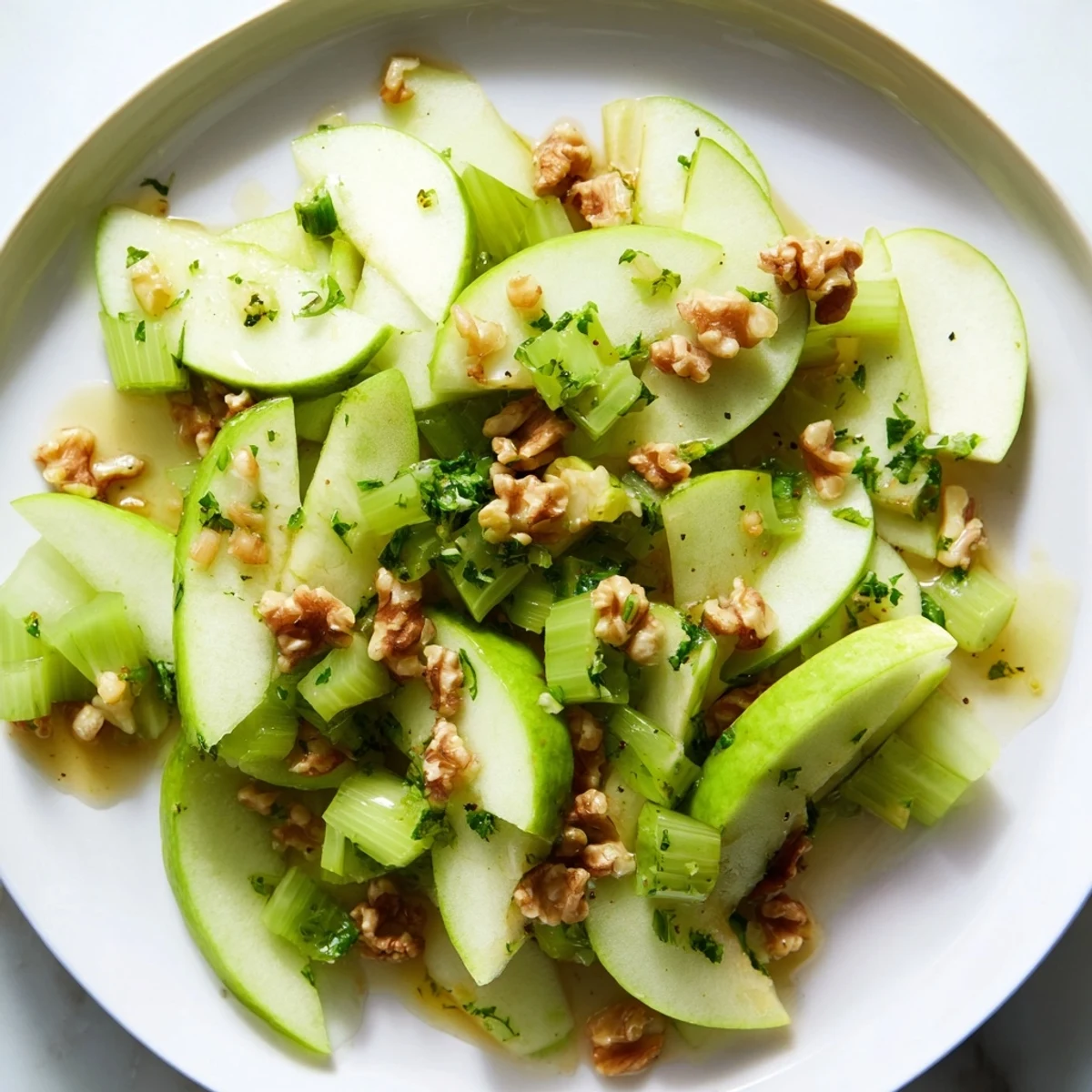 A close-up of the Green Apple and Celery Salad with Walnuts showing tart apple slices, crunchy celery, and toasted walnuts glistening with a tangy dressing.