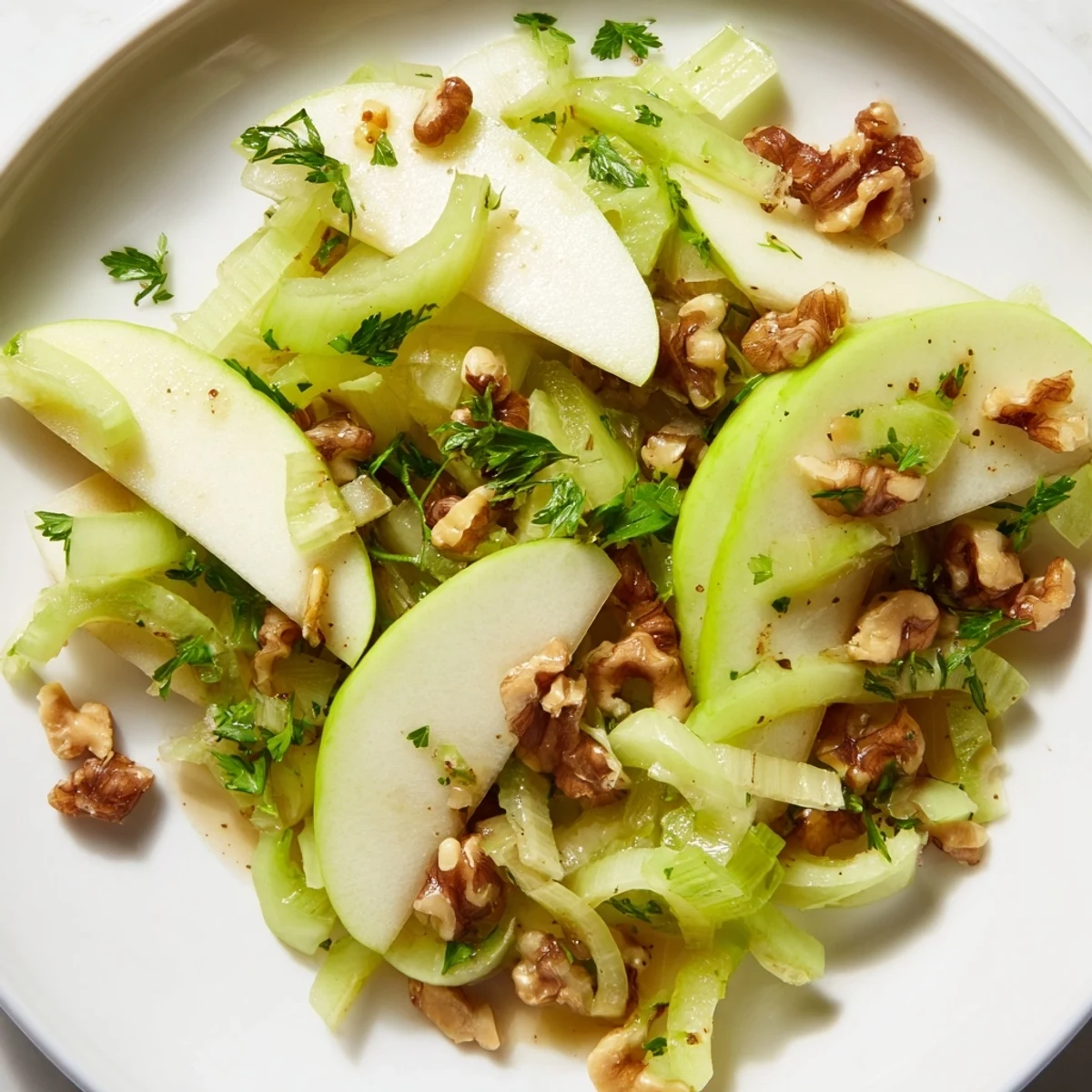 Chopped Granny Smith apples and crisp celery tossed with golden toasted walnuts and fresh parsley in a serving bowl for the Green Apple and Celery Salad with Walnuts.
