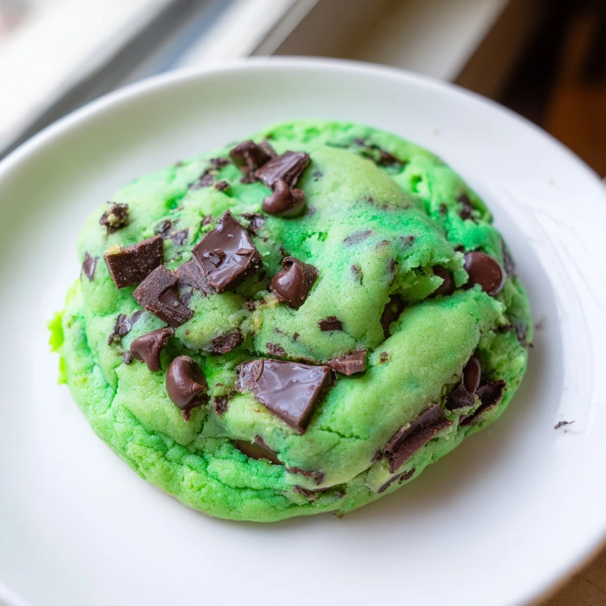 Freshly baked Mint Chip Cookies with vibrant green dough and melty chocolate chips on a wire rack.
