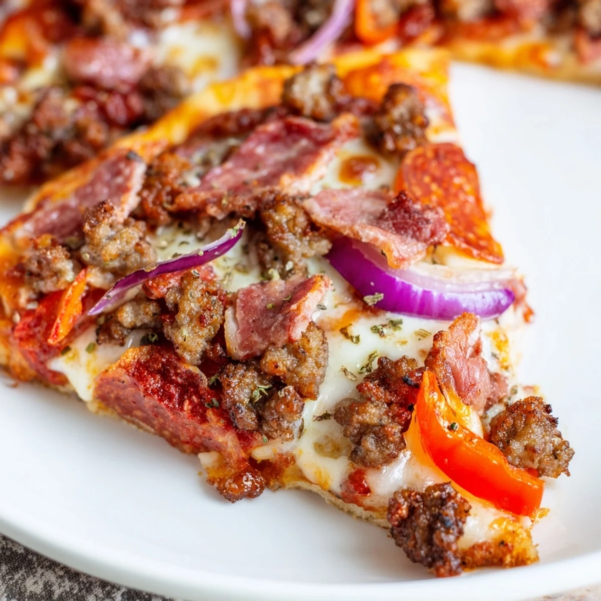 Golden-brown Meat Lover Pizza with beef toppings, pepperoni, sausage, bacon, and melted mozzarella on a rustic wooden board.