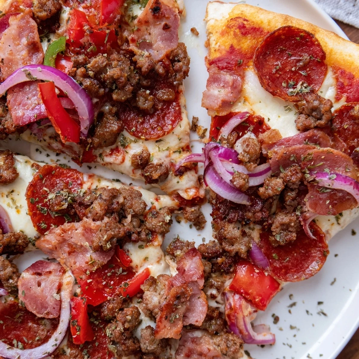 A loaded Meat Lover Pizza with beef toppings, scattered bacon, sausage, and vibrant bell peppers on a wooden peel.