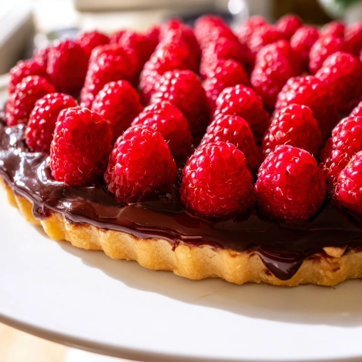 Fresh raspberries glisten atop a glossy, deep chocolate ganache filling in this classic Raspberry Tart with Chocolate Ganache.