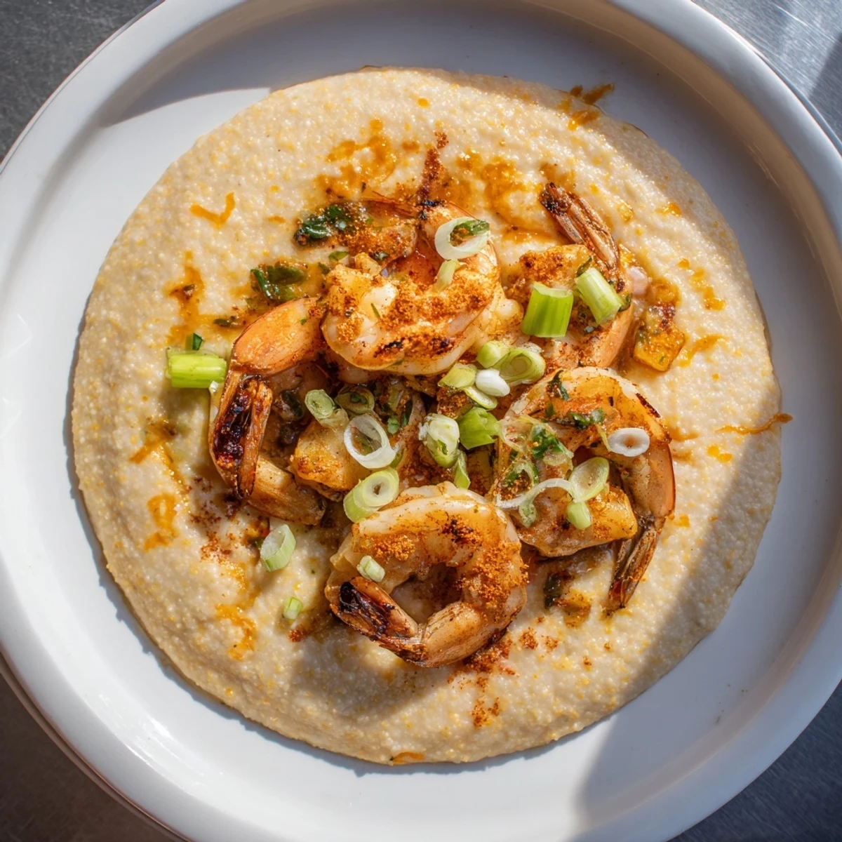 Southern style Shrimp and Grits garnished with parsley, scallions, and a wedge of lemon.