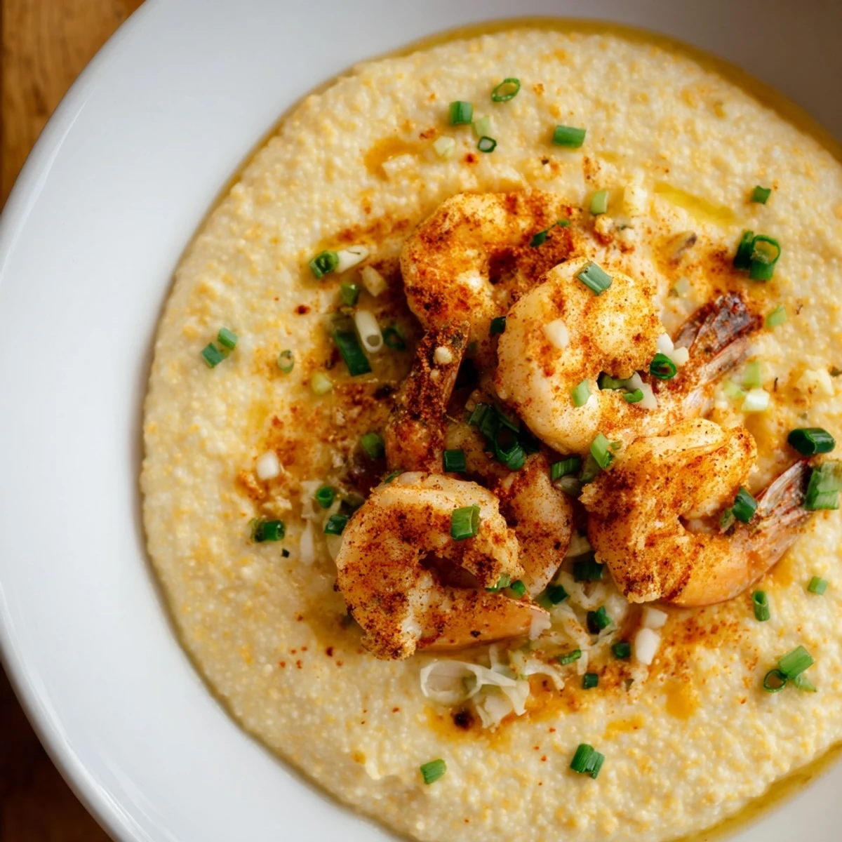 Bite of tender shrimp and rich cheesy grits on a fork, drizzled with savory pan sauce. 