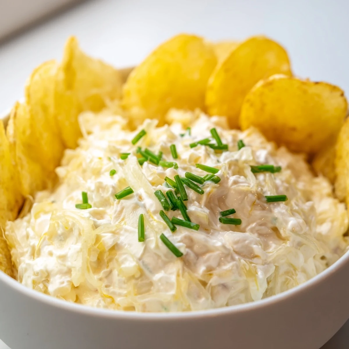 Savory cream cheese onion dip with a golden-brown caramelized finish, paired with a pile of wavy potato chips.